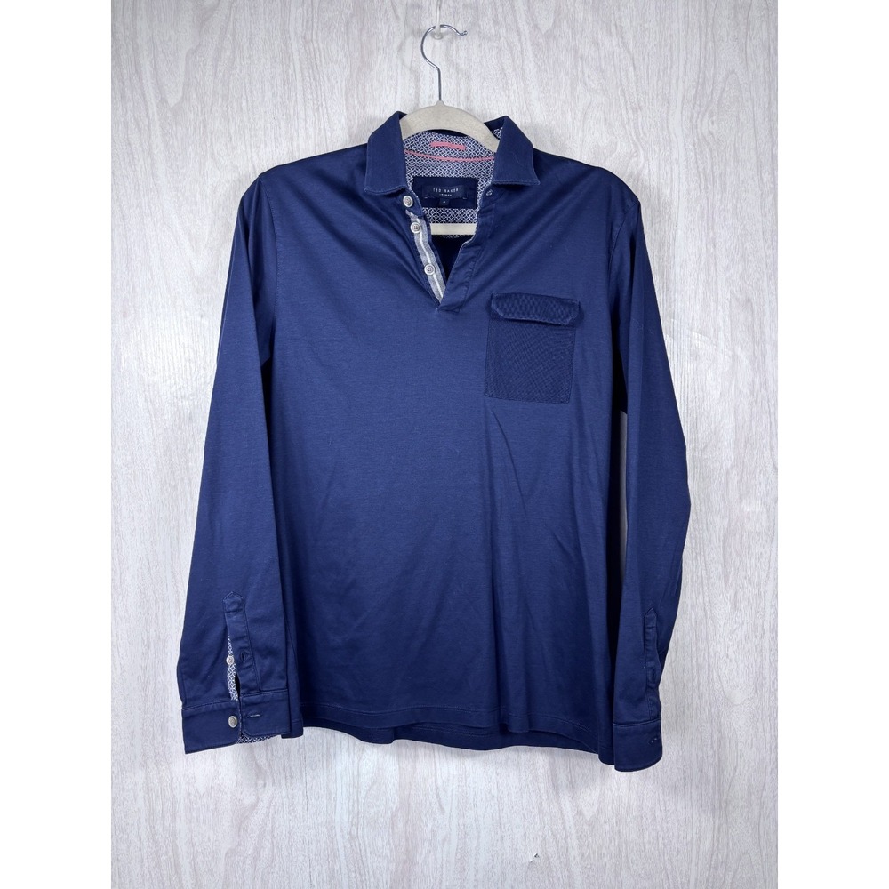 Ted Baker Polo Shirt Men's M Navy Long Sleeve Cotton Designer Preppy